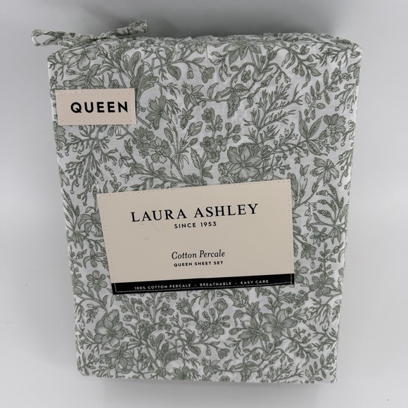 Laura Ashley Queen Sheet Set Bella Floral Harvest Light Green 4pc Farmhouse Chic